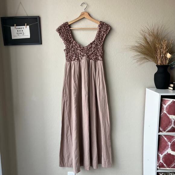 NEW Free People Babydoll Dress Feel‎ The Frill Cotton Tan Midi Dress Size S - Picture 2 of 9